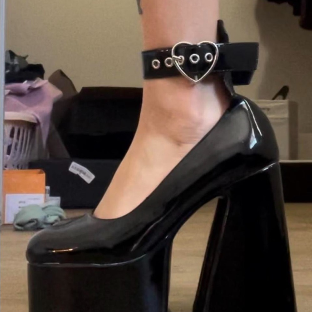Elegant Black Platform Heels with Heart Ankle Strap